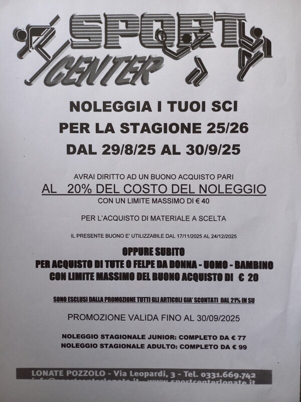 PROMOZIONE NOLEGGIO SCI STAGIONALE DA SPORT CENTER